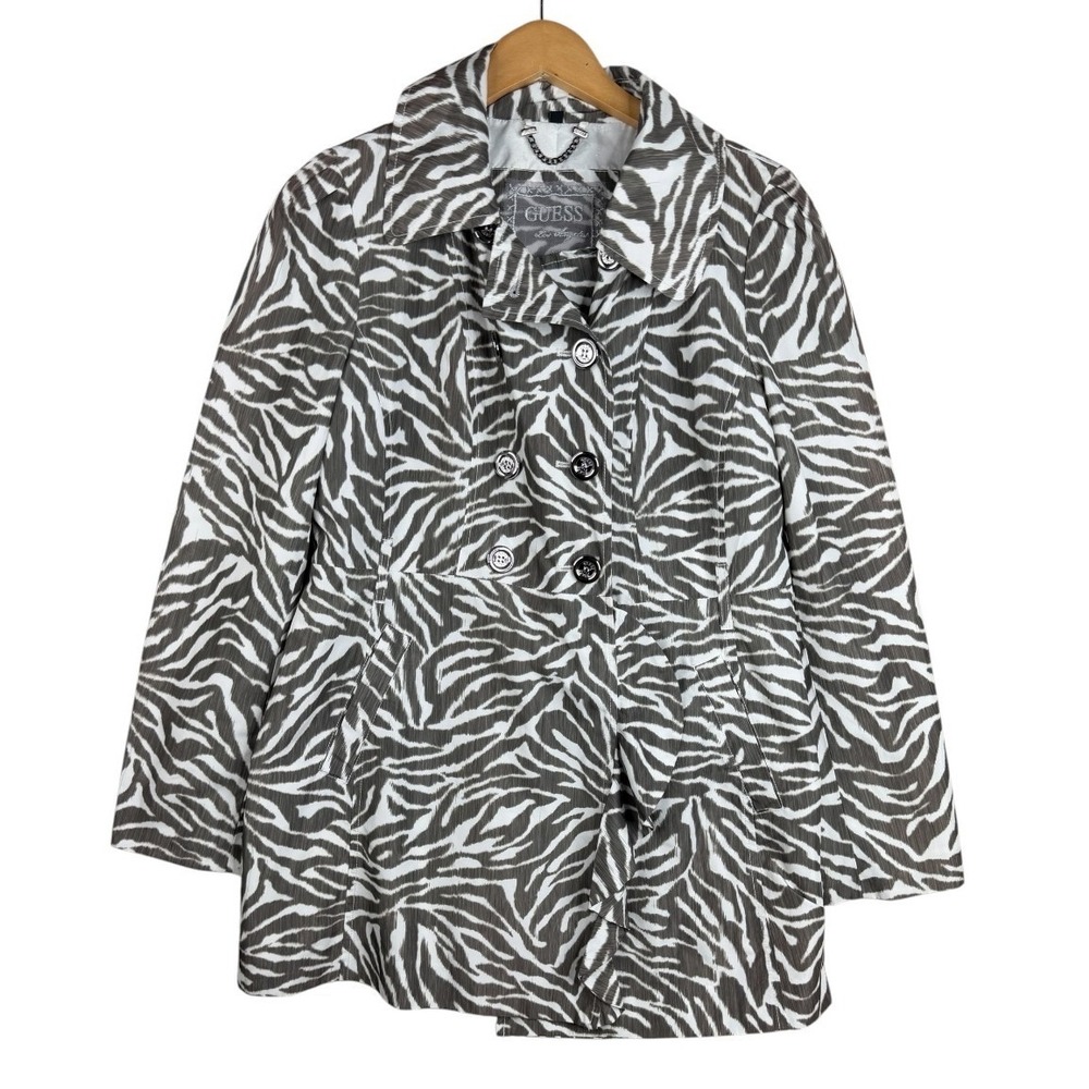 GUESS Luxe Jacket Womens Size L Gray White Zebra Print Trench Roll Tab Sleeve
